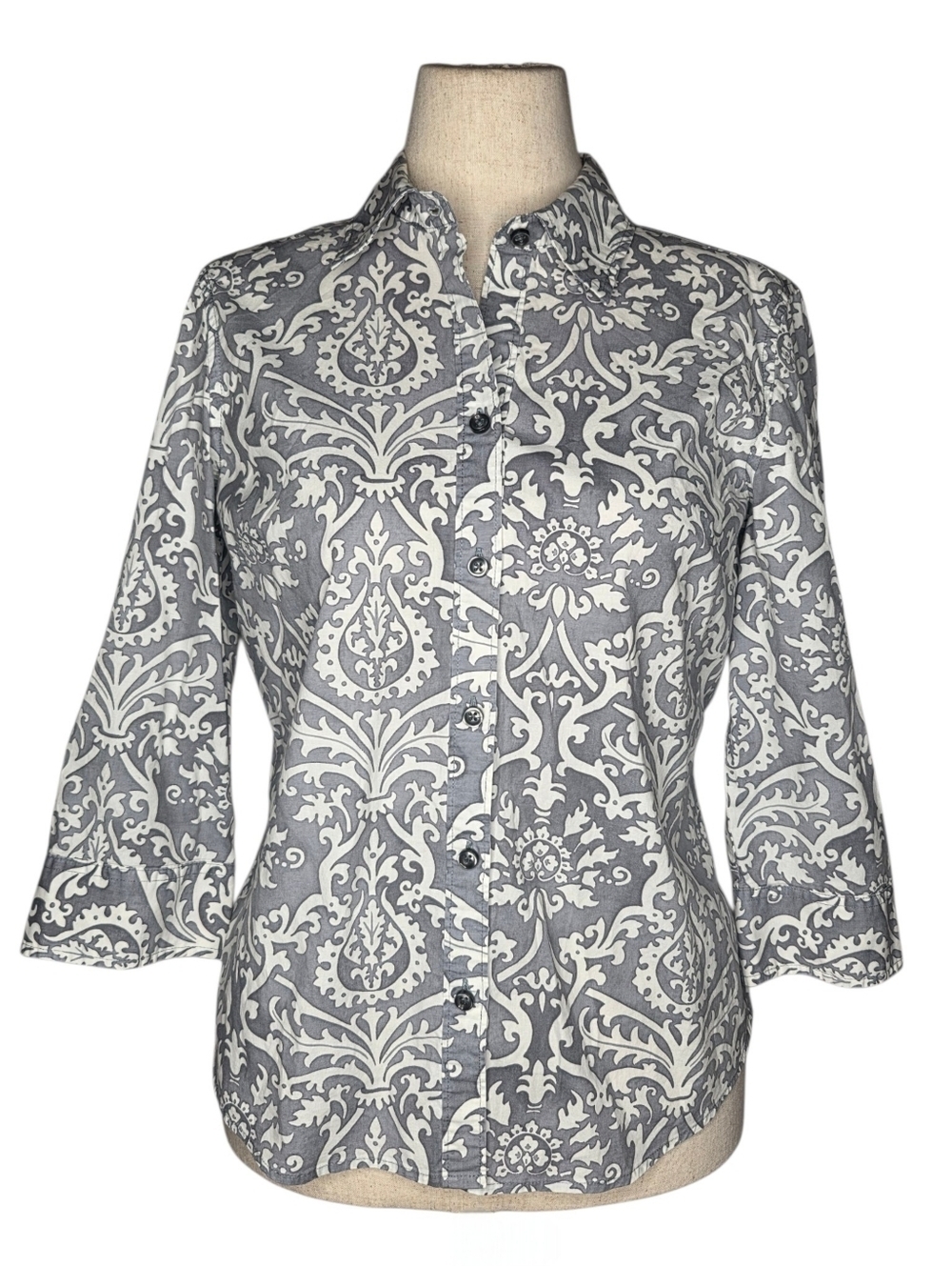G.H. Bass Damask Button Front Blouse Gray White 3/4 Sleeve Stretch M